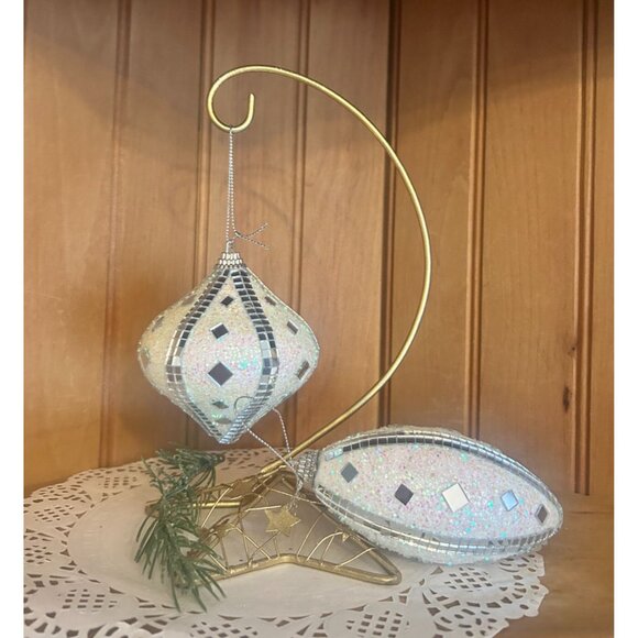 Retro White Silver Glittered Christmas Set of 2 Teardrop Ornaments Mirror Disco - Picture 2 of 3